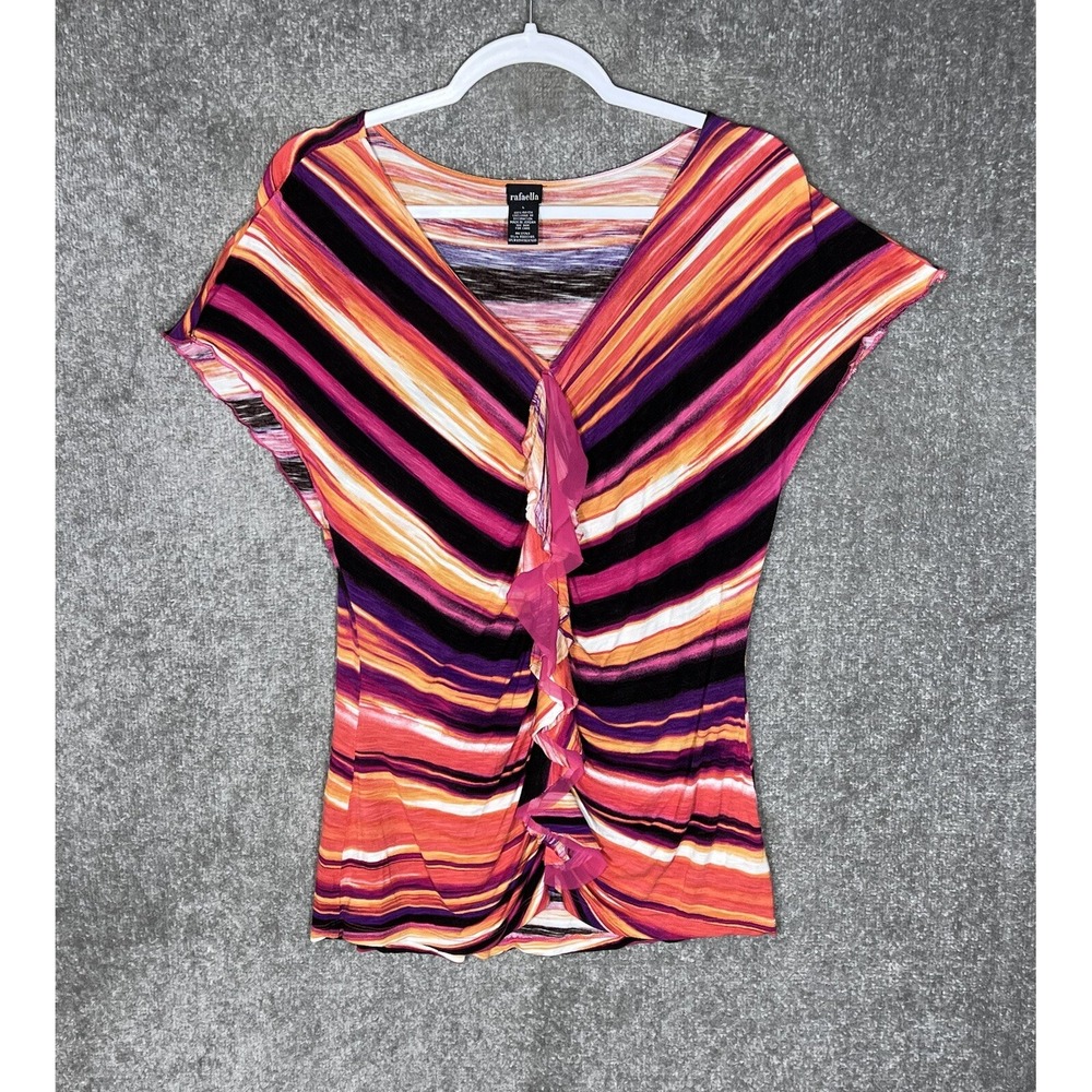 Rafaella Top Womens Size Large Pink‎ Orange Purple Striped Rayon V-Neck Ruffle